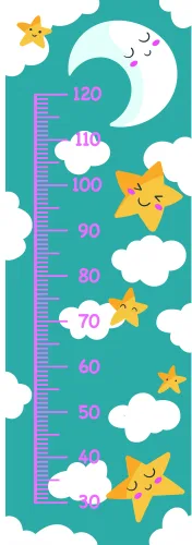 A teal height chart featuring a crescent moon, puffy white clouds, golden stars, and numerical measurements from 50 to 120 centimetres.