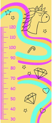 A cartoon unicorn with a flowing mane stands next to a wavy rainbow height chart marked from 30 to 120 centimetres, decorated with stars, geometric diamond shapes, and a heart.