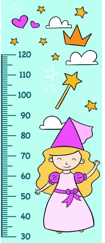 A colourful height chart illustration featuring a cartoon girl in a pointed wizard hat and purple robes holding a glowing wand, surrounded by stars and clouds, with measurement markers from 30 to 120 centimetres along the left side.