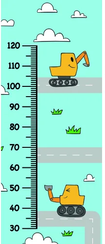 A height chart showing two yellow excavators with caterpillar tracks positioned at different heights against a turquoise background with white clouds and green grass tufts.