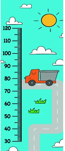 A turquoise height chart from 30 to 120 centimetres with an orange dump truck driving along a grey road, fluffy white clouds, a yellow sun, and green crowns at the lower measurement marks.