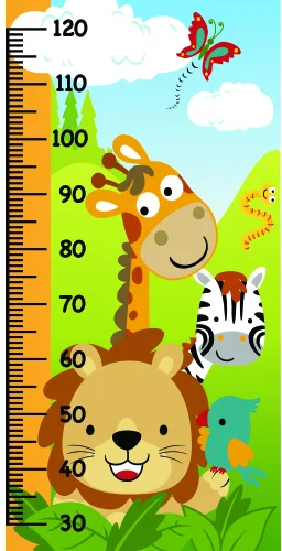 A cartoon height chart featuring a stacked lion, giraffe, zebra and small animals with a butterfly, marked with measurements from 30 to 120 centimetres against a green grass and sky background.
