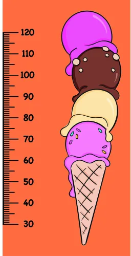 A cartoon illustration of three ice cream cones stacked vertically against an orange background, with a measurement scale on the left showing heights from 30 to 120 centimetres.