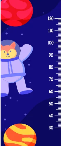 A cartoon illustration of a smiling cat wearing a purple spacesuit, floating among red and orange planets against a dark blue starry background, with a numbered height scale along one edge.