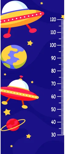 A height chart featuring three cartoon UFOs with portholes and red stripes, planets, a crescent moon and golden stars against a deep blue background, with measurement markings from 30 to 120 centimetres.