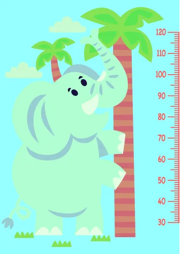 A cartoon elephant with a smiling face stands beside a tall palm tree with a height measurement scale running from 30 to 120 centimetres on the right side, set against a light blue sky with clouds.