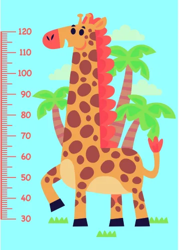 A cartoon giraffe with brown spots stands upright next to a pink measurement scale numbered 30 to 120, surrounded by green palm trees and tropical plants against a light blue background.