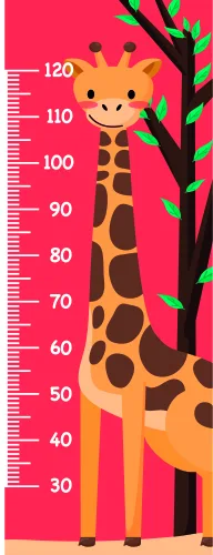 A cartoon giraffe with a friendly smile stands against a bright pink background next to a height measurement scale marked in centimetres from 30 to 120.