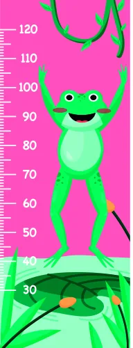 A bright green cartoon frog with a wide smile stands on a hot pink background next to a height measurement scale, with green lily pads and orange accents below.