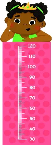Illustration of a brown-skinned child wearing a yellow crown, smiling at the top of a bright pink growth chart marked from 30 to 120 centimetres.