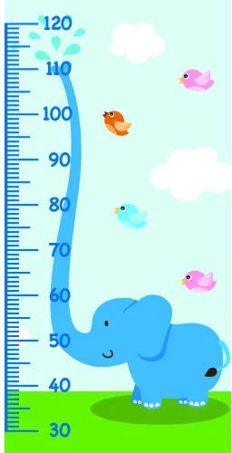 A blue cartoon elephant stands on green grass beneath a light blue sky, with a height measurement scale along its side ranging from 30 to 120 centimetres, and small coloured fish and clouds floating above.