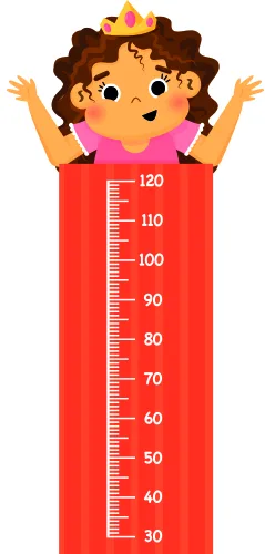 Illustrated girl with brown curly hair and pink dress smiling with both arms raised, positioned above a red height measurement chart marked from 30 to 120 centimetres.