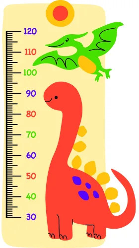 A cartoon-style growth chart featuring a large red dinosaur with yellow spots along its body, a measurement scale printed vertically, and a green flying dinosaur in the sunny yellow background.