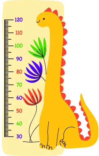 A tall yellow cartoon dinosaur with a smiling face stands next to a height measurement scale marked from 30 to 120 centimetres, with green, purple and red flowers depicted along its body.