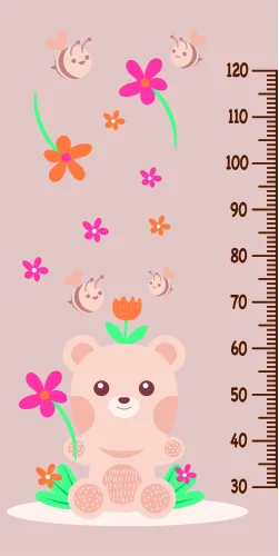 A pastel pink height chart featuring a smiling teddy bear with a round belly, surrounded by pink, orange and green flowers, leaves, and moon shapes with simple faces.