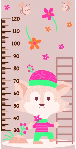 A pastel pink height chart with a smiling cartoon character wearing a pink and green outfit, surrounded by colourful flowers, moon shapes, and numbered measurement markers from 30 to 120 centimetres.