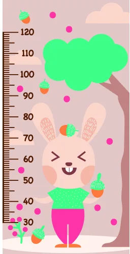 A smiling cartoon rabbit character stands beside a numbered height measurement scale from 30 to 120 centimetres, surrounded by colourful fruit and floating bubbles on a soft pink background.