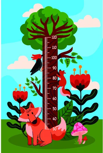 A brightly coloured illustration of a red fox sitting beside a tall tree with green foliage, surrounded by red apples and pink flowers, with a height measurement scale running vertically through the centre marked from 30 to 120 centimetres.