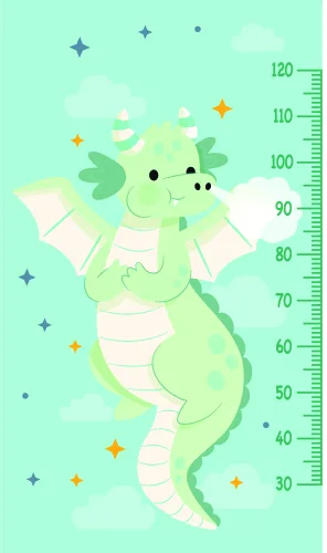A soft green illustrated dragon with pale cream belly and white wings curves vertically next to a height measurement scale from 30 to 120 centimetres, surrounded by small gold and teal stars on a pale mint background.