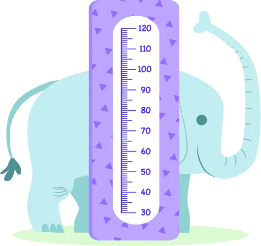 A light blue cartoon elephant curves around a purple height chart marked with measurements from 30 to 120 centimetres, decorated with small purple triangles.