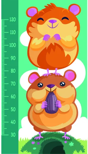 A cartoon illustration of two stacked orange bears with pink and purple details, grinning against a bright green background with grass below and a height measurement scale marked from 30 to 120 centimetres on the left side.