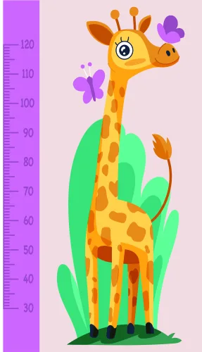 A bright illustration of a yellow giraffe with orange spots standing among green cacti and purple flowers against a pink background, with a purple measurement scale on the left side.