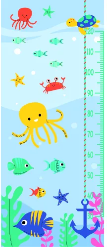 A height chart featuring a yellow octopus with striped arms surrounded by swimming fish, starfish, an anchor, coral, and jellyfish on a light blue background with measurement markings.