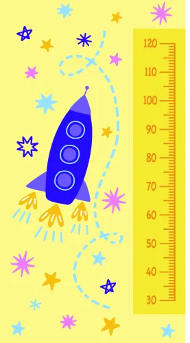 A bright yellow height chart featuring a blue rocket ship surrounded by colourful stars, with a numbered measurement scale from 30 to 120 centimetres on the right side.