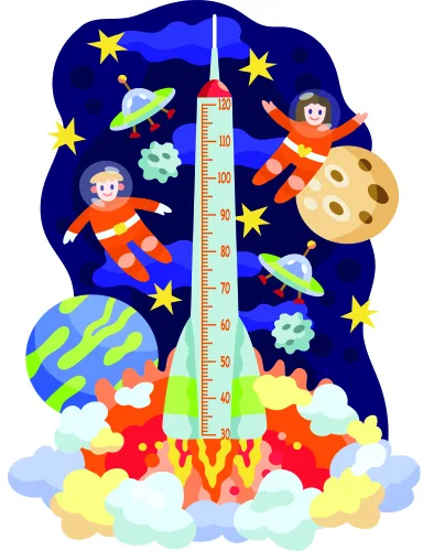 A colourful height chart illustration showing two cartoon astronauts in orange spacesuits floating around a tall rocket ship, surrounded by stars, planets, and clouds against a deep blue space background.