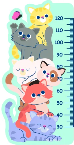 A vertical height chart featuring five stacked cartoon cats of different colours (yellow, grey, white, pink, and red) against a soft green background, with a measurement scale from 30 to 120 centimetres.