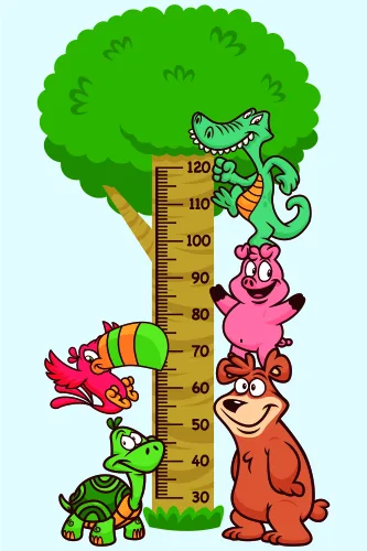 A brightly coloured height measurement chart with a large green tree and five cartoon jungle animals of varying sizes positioned along a measuring scale from 0 to 120 centimetres.