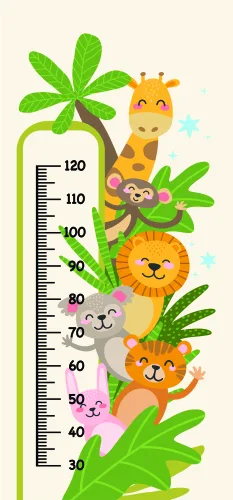 A height chart featuring a stacked arrangement of cartoon jungle animals including a giraffe, lion, monkey, zebra and sloth, with a measurement scale running from 30 to 120 centimetres alongside green tropical leaves.
