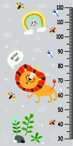 A cartoon lion with a colourful striped mane stands next to a height measurement scale marked from 50 to 120cm, surrounded by bees, butterflies, plants, a rainbow, and clouds.