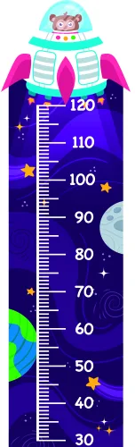 A colourful height measurement chart featuring a smiling robot at the top against a navy space background with stars, planets, and measurement markings from 30 to 120 centimetres.