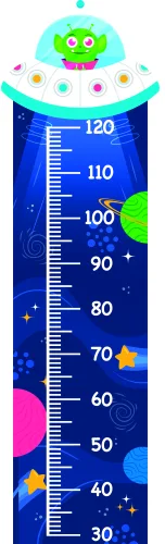 A cartoon owl with large round eyes sits above a vertical height measurement scale decorated with colourful planets, stars, and cosmic imagery on a deep blue background.
