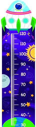 A colourful space-themed height chart from 30 to 120 centimetres, featuring a large eye at the top, a smiling sun, moon, stars and planets on a deep purple background with green grass at the base.
