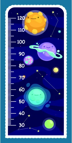 A vertical height chart featuring illustrated planets in various colours arranged against a dark blue starry background, with measurement markings from 30 to 120 centimetres.