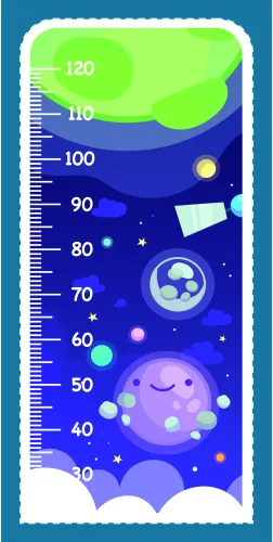 A whimsical height measurement chart featuring a smiling purple jellyfish floating upward among colourful planets, stars, and clouds against a gradient blue space background, marked with measurements from 30 to 120 centimetres.