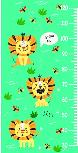 A height chart with three smiling cartoon lions of increasing size, surrounded by bees and plants against a bright green background.