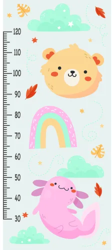 A pastel-coloured height chart showing a smiling bear, a pink rainbow, and a pink crab among clouds and autumn leaves, with measurement markings from 30 to 120 centimetres.