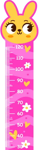 A tall vertical growth chart features a smiling yellow rabbit at the top and pink background with measurement markings from 30 to 120 centimetres, decorated with small flowers and hearts.