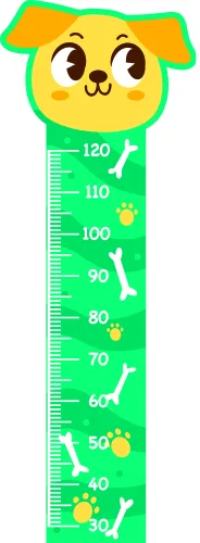 A cartoon illustration of a smiling yellow dog with green ears above a vertical green height measurement chart marked with white numbers from 30 to 120 and decorated with white bones and yellow balls.