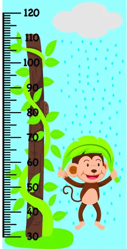 A cartoon monkey in a yellow hat swings joyfully next to a brown vine with green leaves, beside a measurement scale marked from 50 to 120 centimetres, with a rainy cloud in the bright blue sky above.