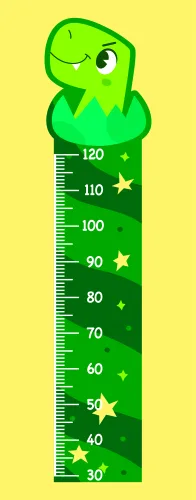 A smiling green cartoon owl sits at the top of a yellow and green height measurement chart marked with increments from 30 to 120 centimetres, decorated with small gold stars.