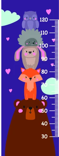 A height chart featuring five stacked cartoon animals (bear, fox, hedgehog, owl, and whale) against a purple background with hearts and clouds, marked with measurements from 30 to 120 centimetres.