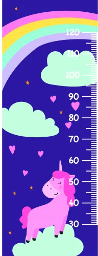 A height chart illustration showing a pink unicorn standing on green grass against a deep purple sky with a pastel rainbow, white clouds, small hearts, and stars.