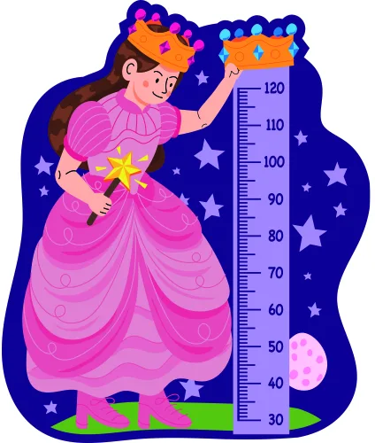 Illustrated height chart showing a brown-haired princess in a pink ball gown with a golden crown, reaching toward a measurement scale against a dark blue starry background.