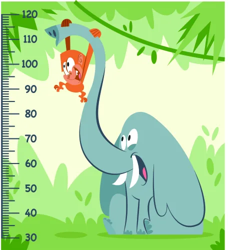 A cartoon elephant in blue-grey holds a playful orange monkey against a height measurement scale marked in units from 30 to 120, surrounded by stylised green trees and foliage.