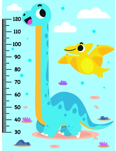 A colourful illustration showing a turquoise dinosaur with an extended neck measuring against a scale from 30 to 120 centimetres, a yellow pterodactyl flying above, white clouds, and small decorative sea creatures on a light blue background.