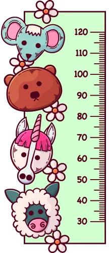 A vertical growth chart featuring four stacked cartoon animals (mouse, bear, fox, and sheep) with measurement markings from 30 to 120 centimetres and decorative flowers.